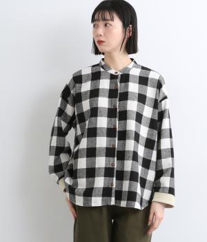 ブロックチェックリブ付きシャツ(ホワイト&ブラック-F)