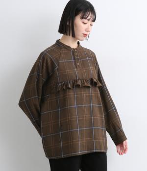 起毛BIGチェックフリル付きプルオーバーブラウス(ダークブラウン-F)