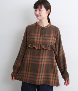 起毛BIGチェックフリル付きプルオーバーブラウス(ブラウン×レッド-F)