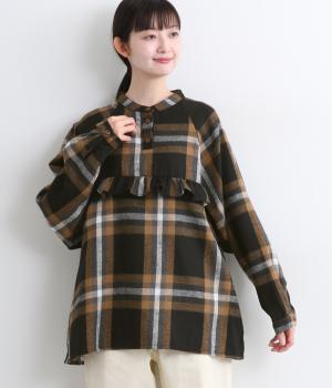 起毛BIGチェックフリル付きプルオーバーブラウス(ブラック-F)