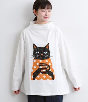 プリントTシャツお茶するCAT(ホワイト-F)