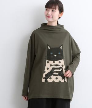 プリントTシャツお茶するCAT(チャコール-F)