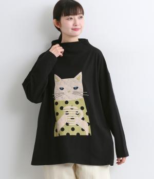 プリントTシャツお茶するCAT(ブラック-F)