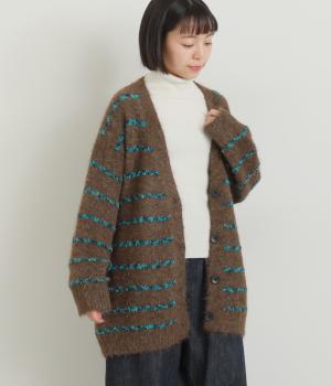 ボーダーニットライン入りBIGカーディガン(ブラウン系-F)