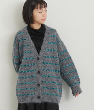 ボーダーニットライン入りBIGカーディガン(チャコール系-F)