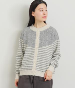 ケーブル×ボーダーニットカーディガン(グレー系-F)