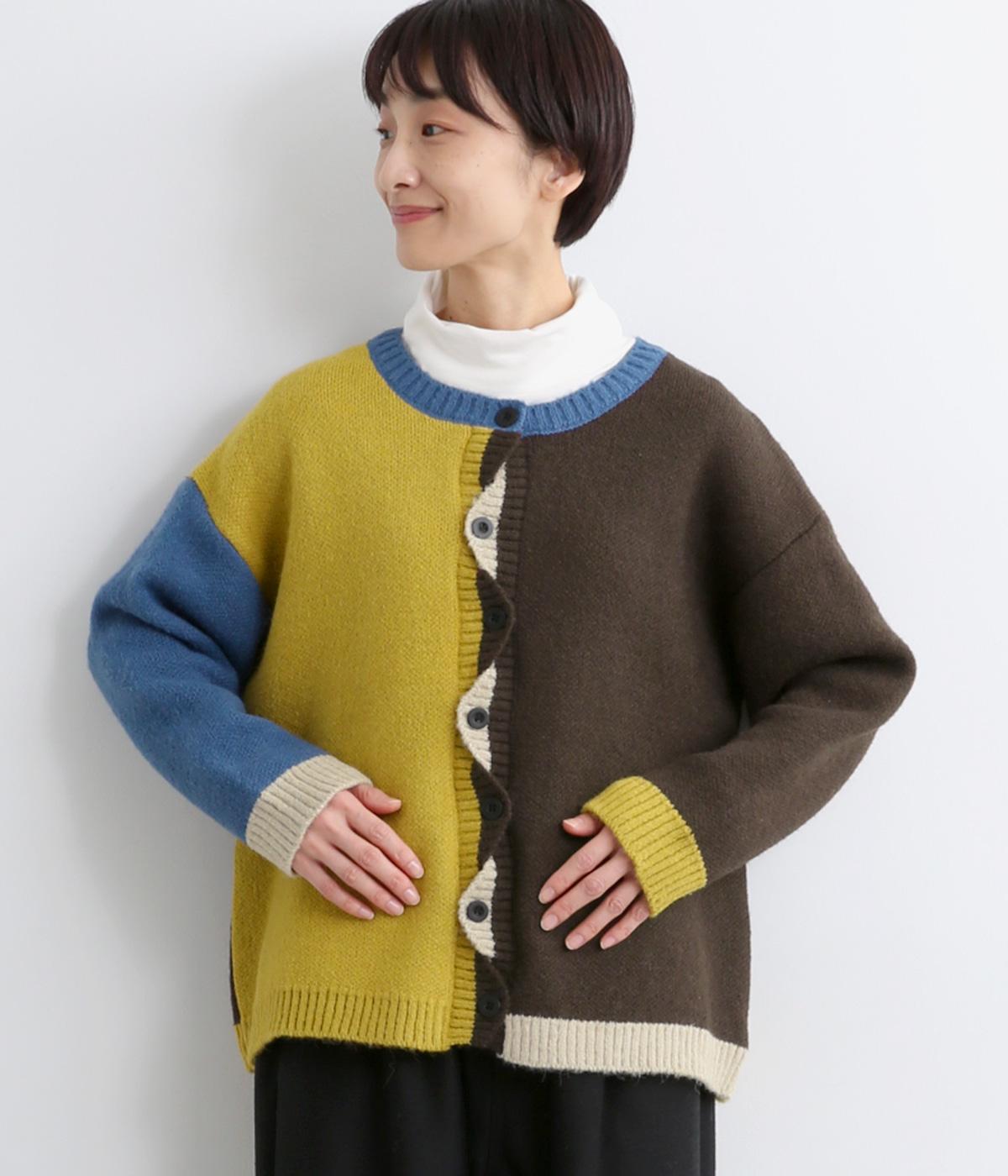 ニット配色カーディガン(マスタード×ブラウン-F)