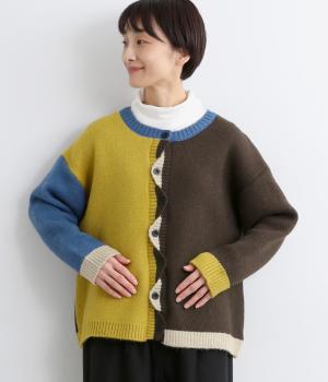 ニット配色カーディガン(マスタード×ブラウン-F)