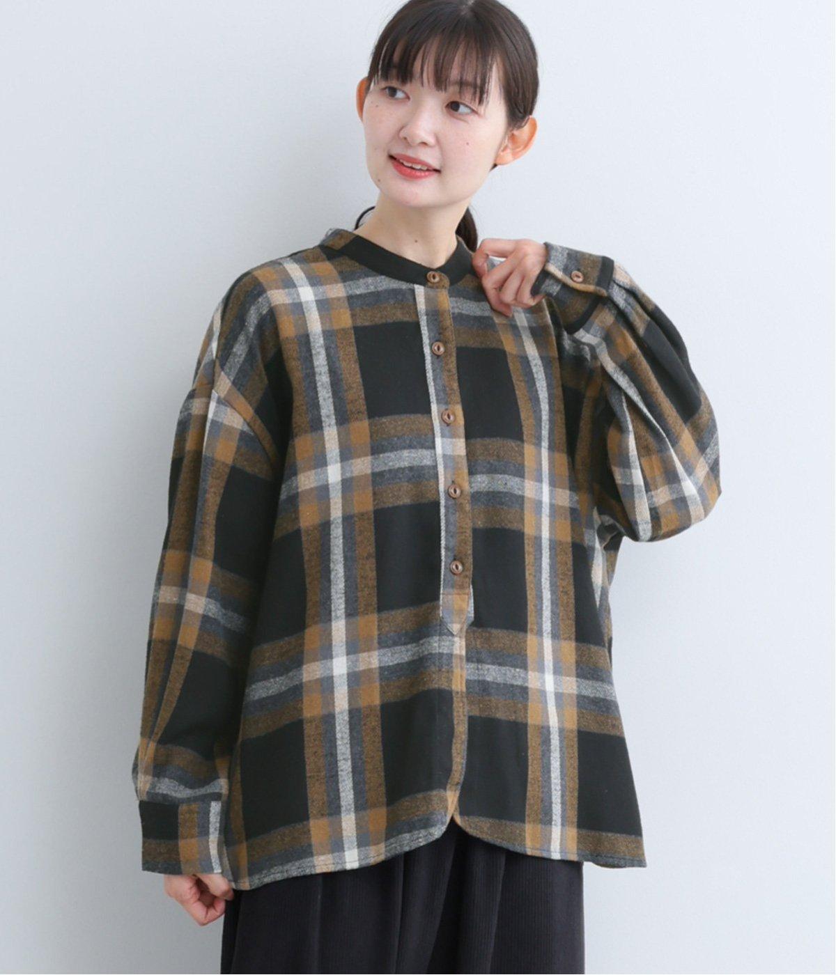 起毛BIGチェックラウンドシャツ(ブラック-F)