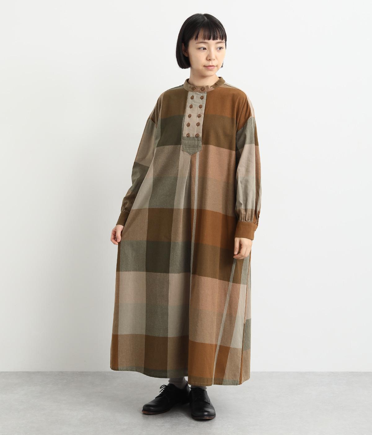 BIGチェックウエスト前立てワンピース(カーキ-F)