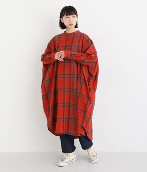 チェック後ろギャザーワンピース(レッド-F)