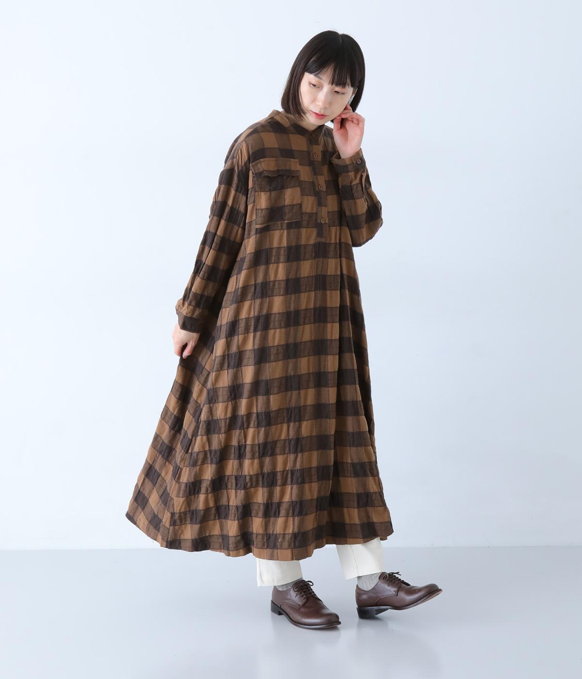 ポコポコブロックチェックテントシルエットワンピース(ブラウン-F)