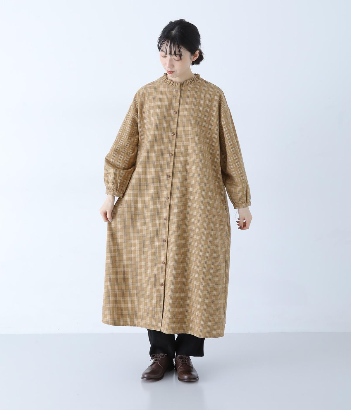 起毛ナチュラルチェックフリルカラーワンピース(キャメル-F)