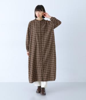 起毛ナチュラルチェックフリルカラーワンピース(ブラウン-F)