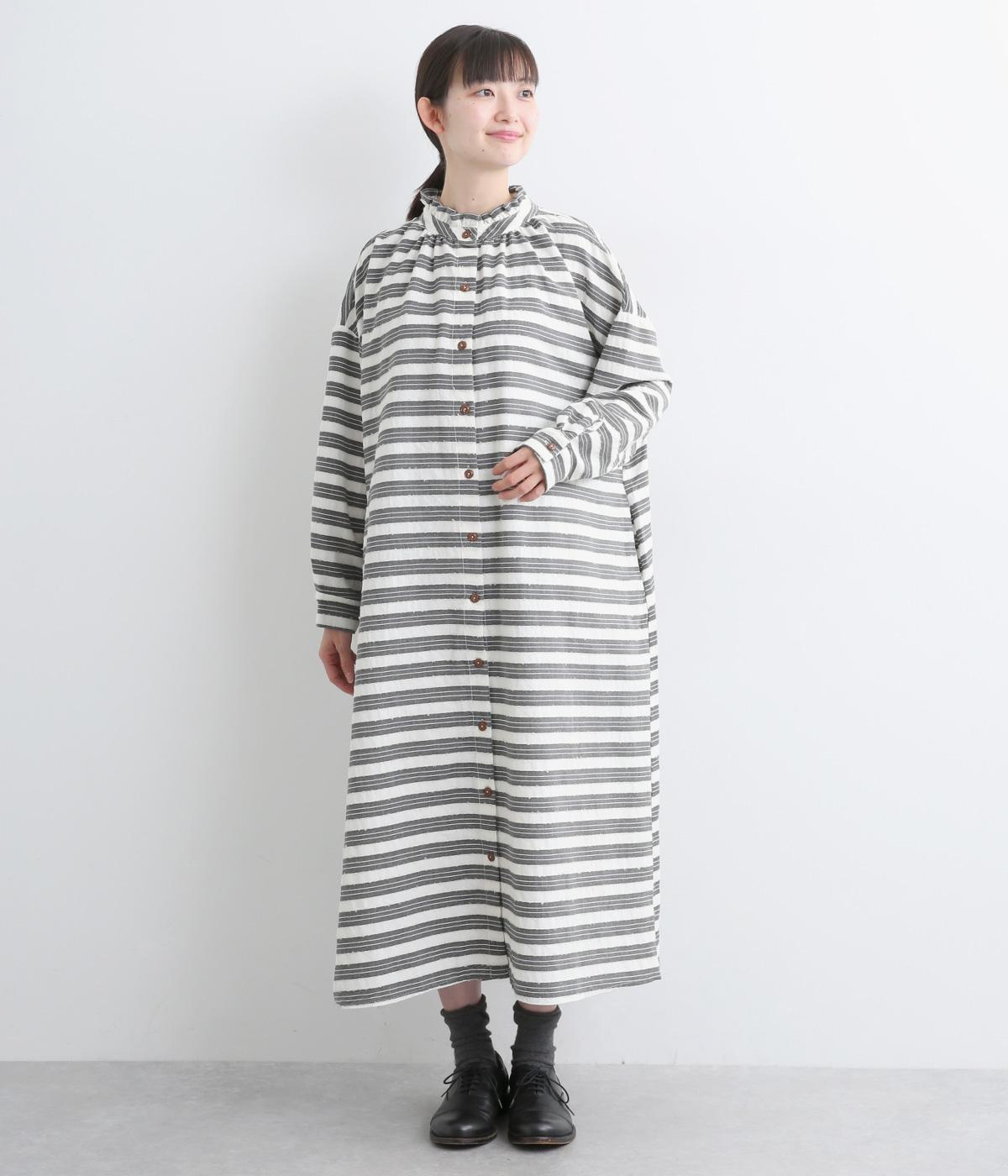 ボーダー襟フリルワンピース(ナチュラル×ブラック-F)