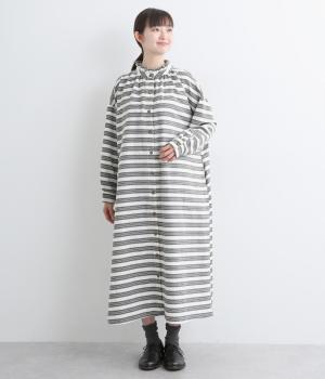 ボーダー襟フリルワンピース(ナチュラル×ブラック-F)
