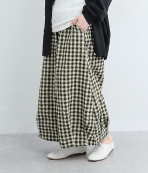 もこもこギンガム　裾タックビッグパンツ(ブラック-F)
