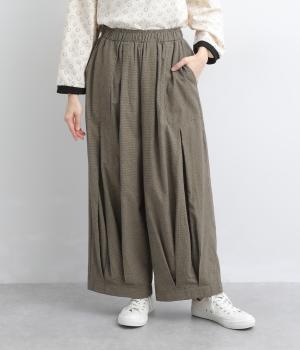 コットンリネン　　タックいりパンツ(ブラック　千鳥-F)