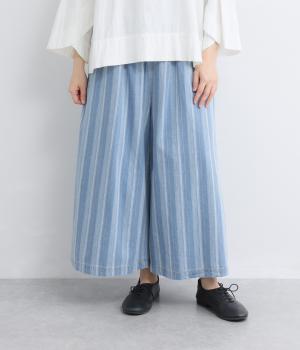 コットンストライプデニムキュロットパンツ(ラインストライプブルー-F)