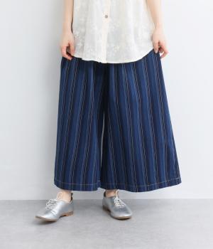 コットンストライプデニムキュロットパンツ(ラインストライプネイビー-F)