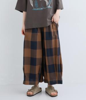 コットンブロックチェック　だぼだぼパンツ(ベージュ×ブルー-F)