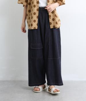 コットンリネンテンセルデニム　デザインポケット付ワイドパンツ(ネイビー-F)