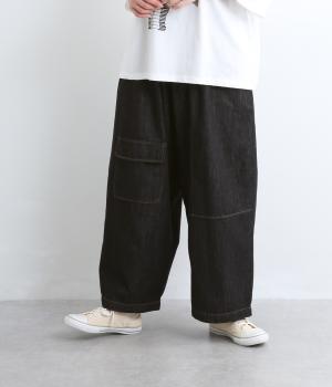コットンリネンテンセルデニム　デザインポケット付ワイドパンツ(ワンウォッシュ-F)