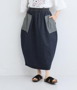 コットンデニム　配色丸スカート