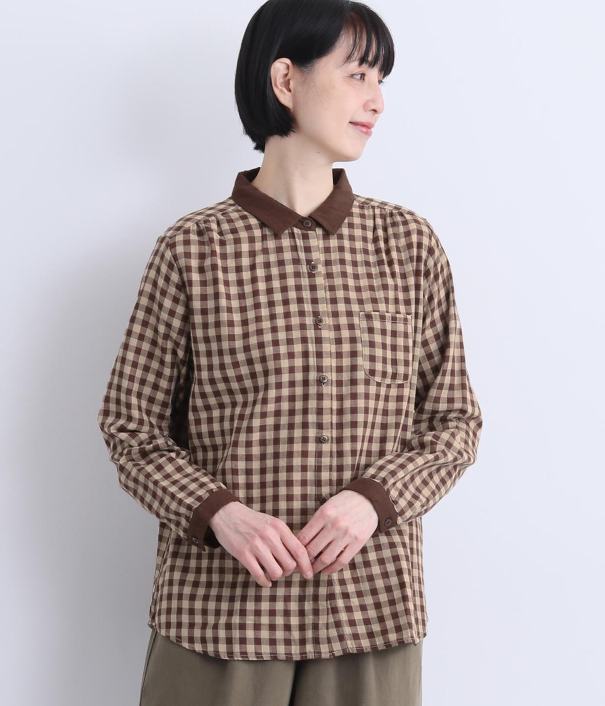 コットンダブルガーゼチェックシャツ(ベージュ-F)