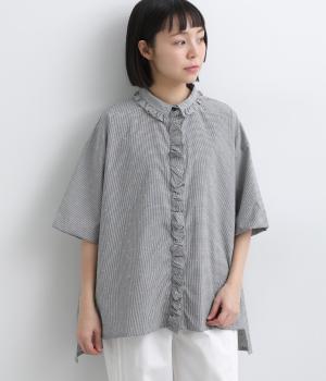 パッチワーク風　前立てフリルシャツ(ブラック　ギンガム×ドット-F)