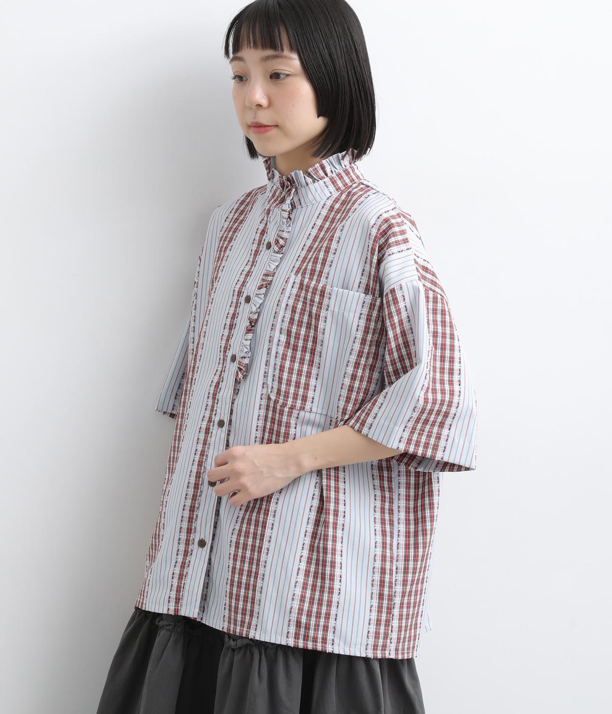 パッチワーク風　ちょこっとミニフリルシャツ(レッド　ストライプ×チェック-F)