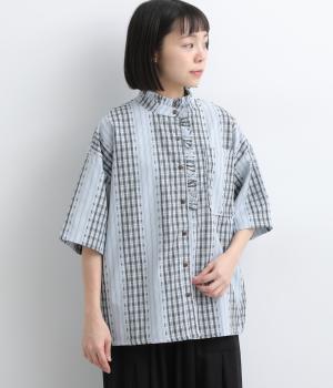 パッチワーク風　ちょこっとミニフリルシャツ(ブルー　ストライプ×チェック-F)