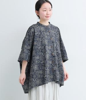 パッチワーク風　後ろギャザーシャツ(ネイビー-F)