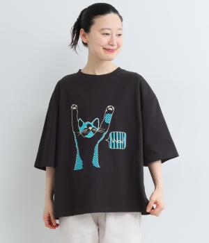 呼ぶ猫　プリントTシャツ(ブラック-F)