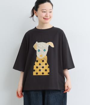 応援する犬　プリントTシャツ(ブラック-F)