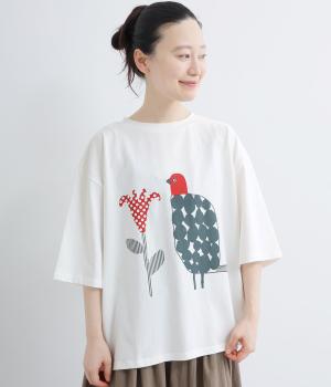 花と鳥　プリントTシャツ(ホワイト-F)