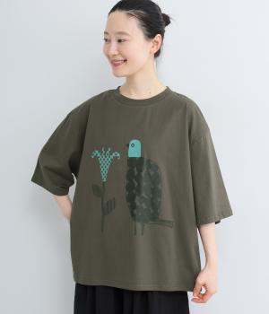 花と鳥　プリントTシャツ(チャコール-F)