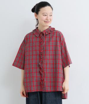 コットンタータンチェック前立てフリルブラウス(レッド系-F)