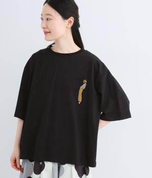 コットンビッグ刺繍Tシャツ(ブラック-F)