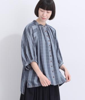 コットンストライプデニムふんわり袖シャツ(太ストライプネイビー-F)