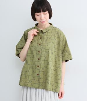 窓枠でCAT柄　ミニカラーワイドシャツ(カーキ-F)