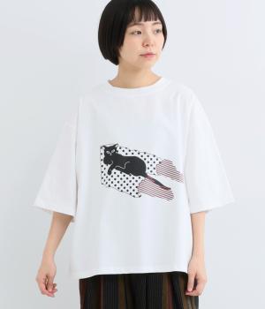 コットンCAT on the footプリントTシャツ(ホワイト-F)