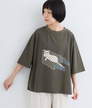 コットンCAT on the footプリントTシャツ(チャコール-F)