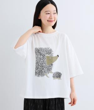 コットン親子ハリネズミプリントTシャツ(ホワイト-F)