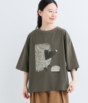 コットン親子ハリネズミプリントTシャツ(チャコール-F)