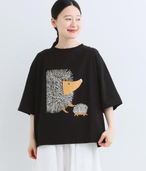 コットン親子ハリネズミプリントTシャツ(ブラック-F)