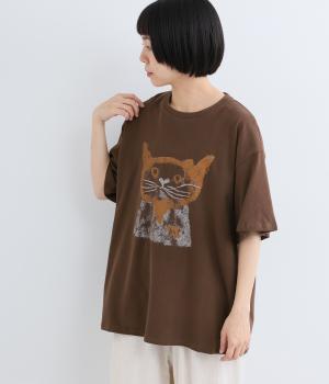 コットン手描き調CAT　Tシャツ(ブラウン-F)