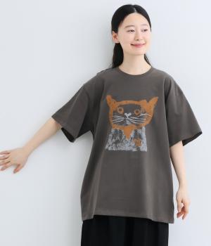 コットン手描き調CAT　Tシャツ(チャコール-F)