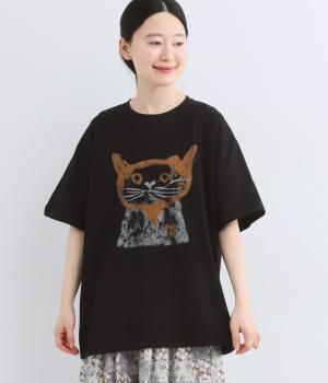 コットン手描き調CAT　Tシャツ(ブラック-F)
