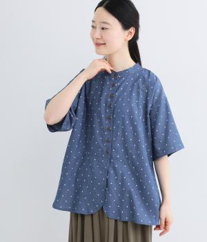 シャンブレー三角プリント　多ボタン裾ラウンドシャツ(ブルー-F)